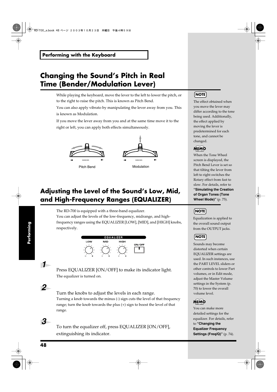 Turns the equalizer on/off (p. 48) | Roland RD-700 User Manual | Page 48 / 172