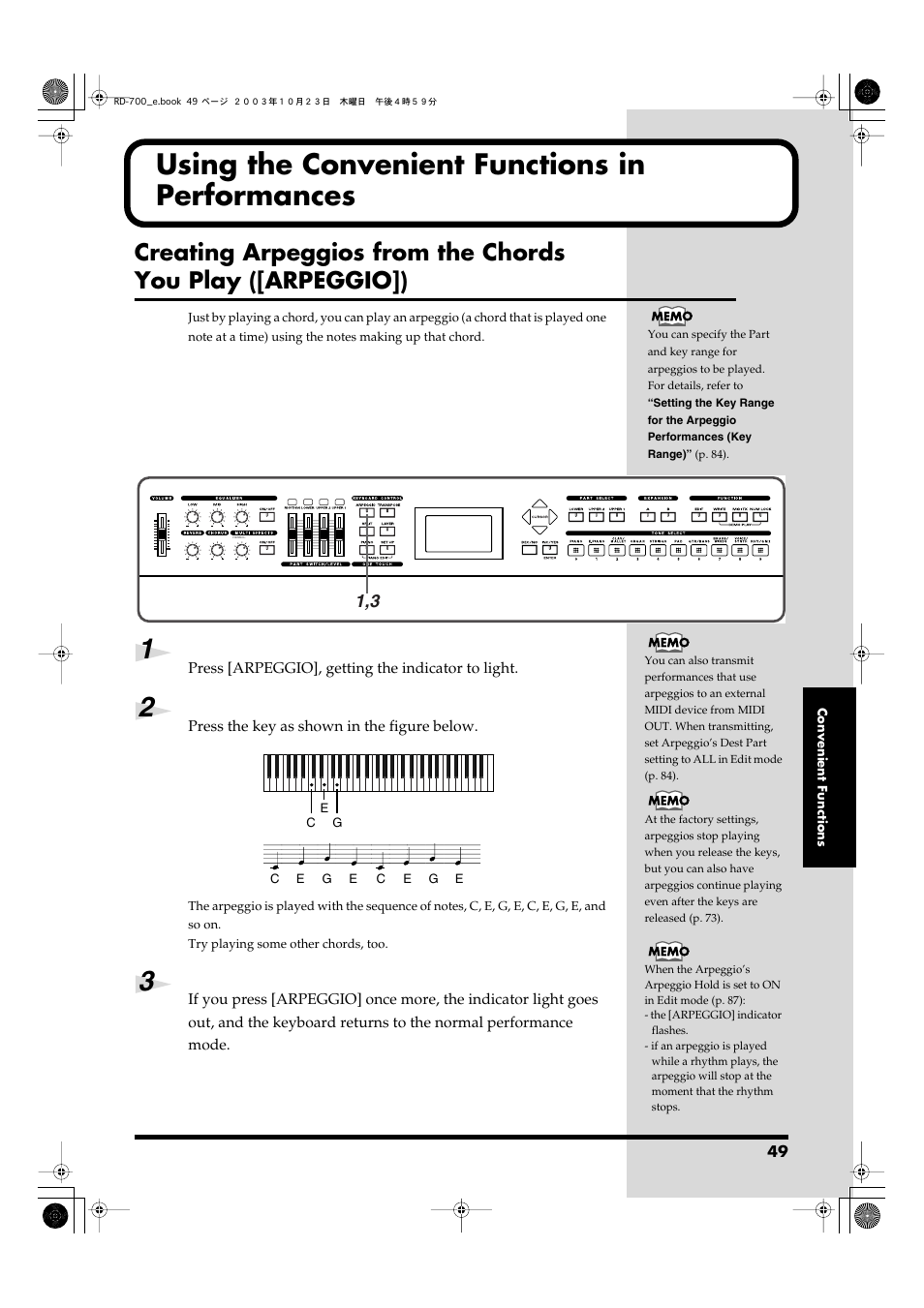 Using the convenient functions in performances, Switches arpeggiator on/off (p. 49) | Roland RD-700 User Manual | Page 49 / 172