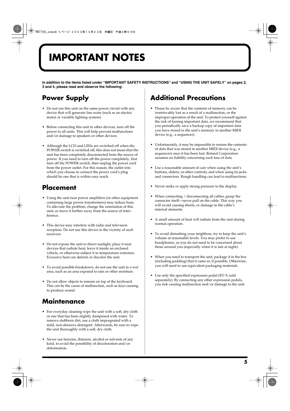 Important notes, Power supply, Placement | Maintenance, Additional precautions | Roland RD-700 User Manual | Page 5 / 172