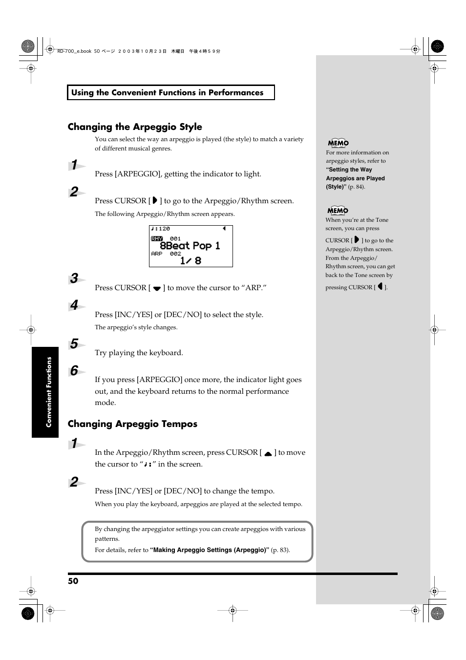 Changing the arpeggio style, Changing arpeggio tempos | Roland RD-700 User Manual | Page 50 / 172