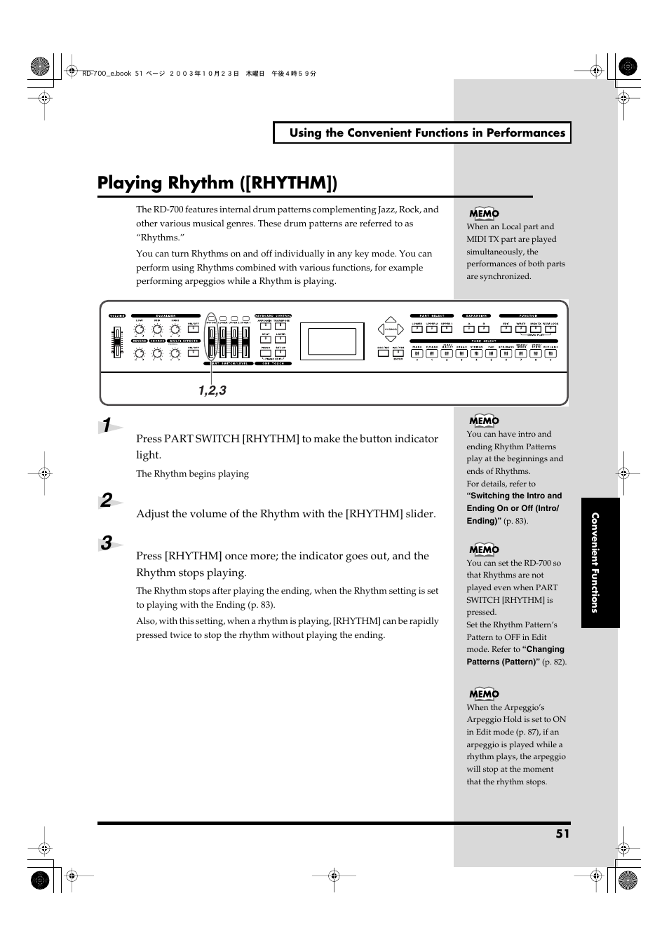 Playing rhythm ([rhythm]) | Roland RD-700 User Manual | Page 51 / 172