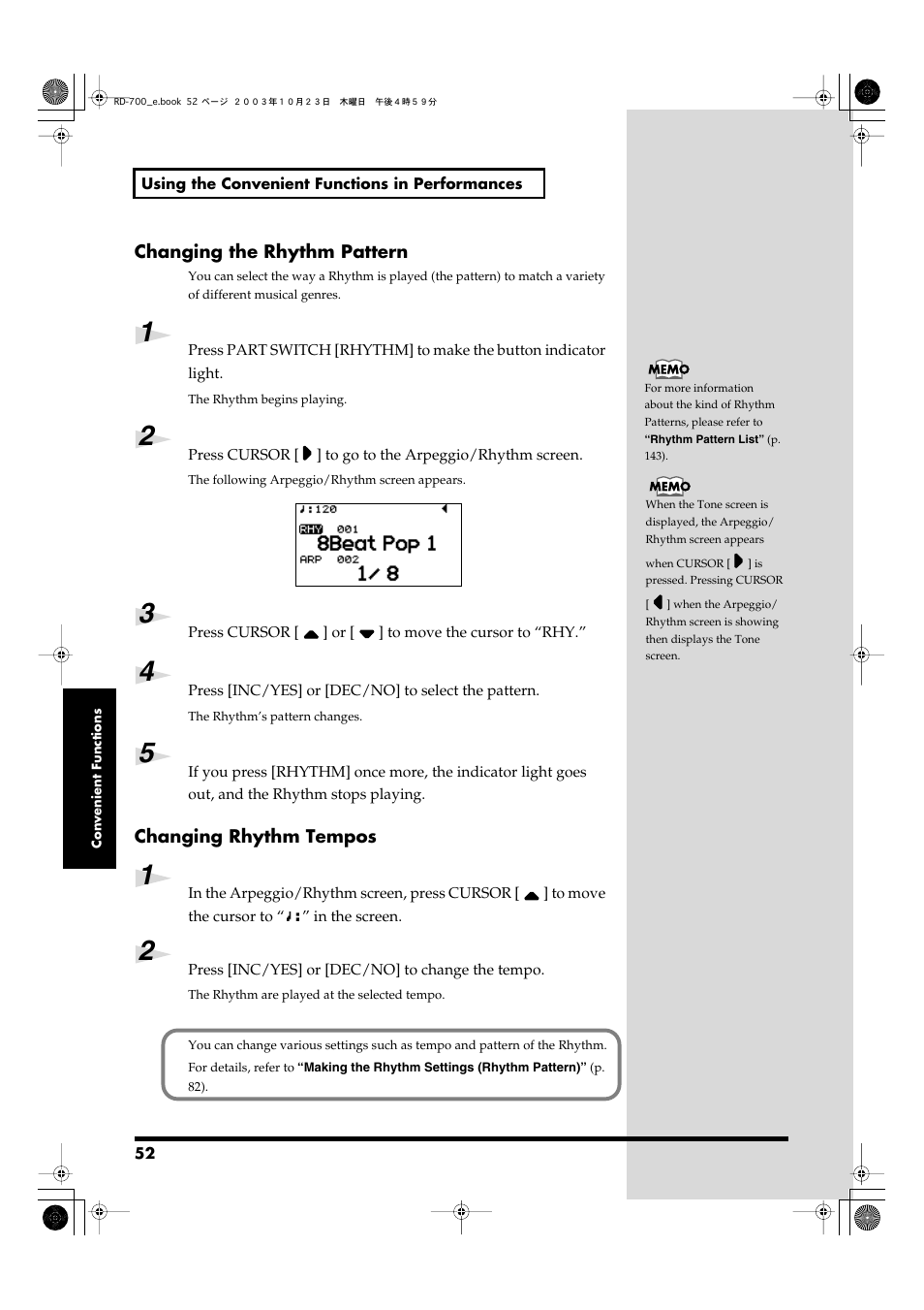 Changing the rhythm pattern, Changing rhythm tempos, Changing the rhythm pattern changing rhythm tempos | Roland RD-700 User Manual | Page 52 / 172