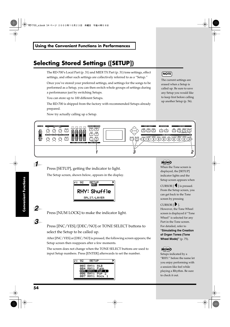 Selecting stored settings ([setup]), Calls up the stored settings (setup) (p. 54) | Roland RD-700 User Manual | Page 54 / 172