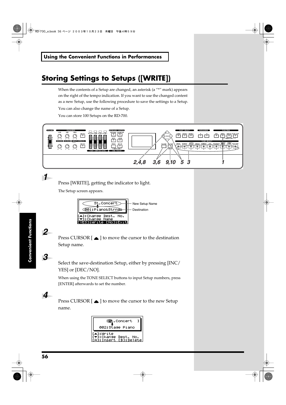 Storing settings to setups ([write]), Stores the current settings to “setup” (p. 56), P. 56) | Keep in setup (p. 56), Up another setup (p. 56) | Roland RD-700 User Manual | Page 56 / 172