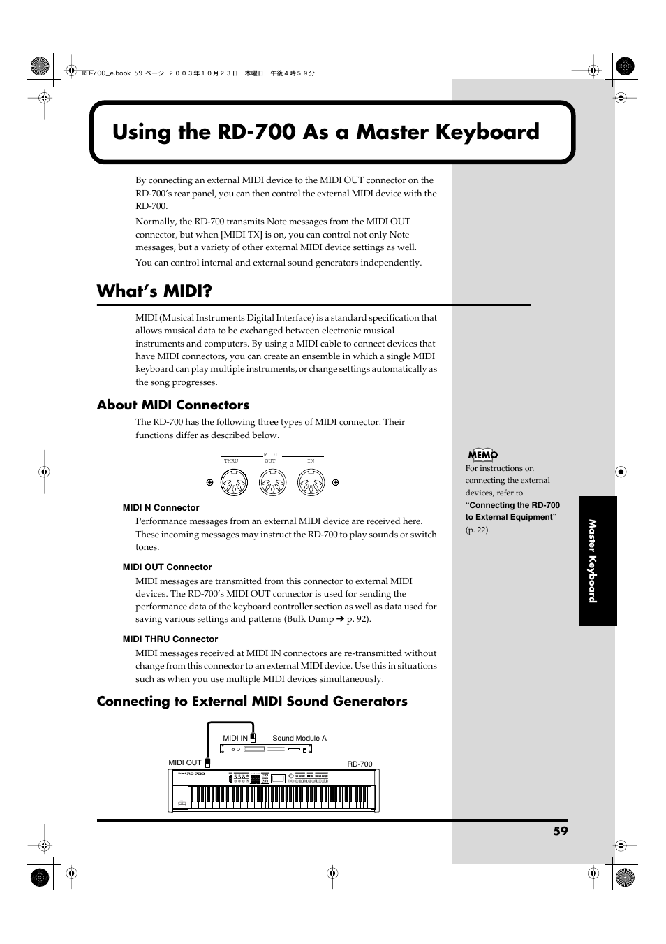 Using the rd-700 as a master keyboard, What’s midi, About midi connectors | Connecting to external midi sound generators, Generator (p. 59) | Roland RD-700 User Manual | Page 59 / 172