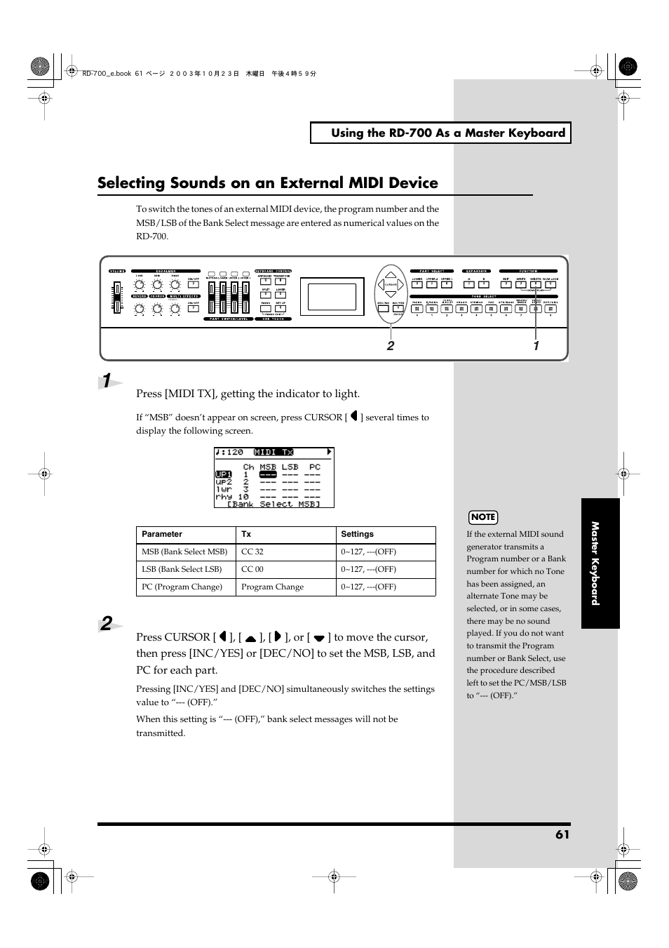 Selecting sounds on an external midi device | Roland RD-700 User Manual | Page 61 / 172