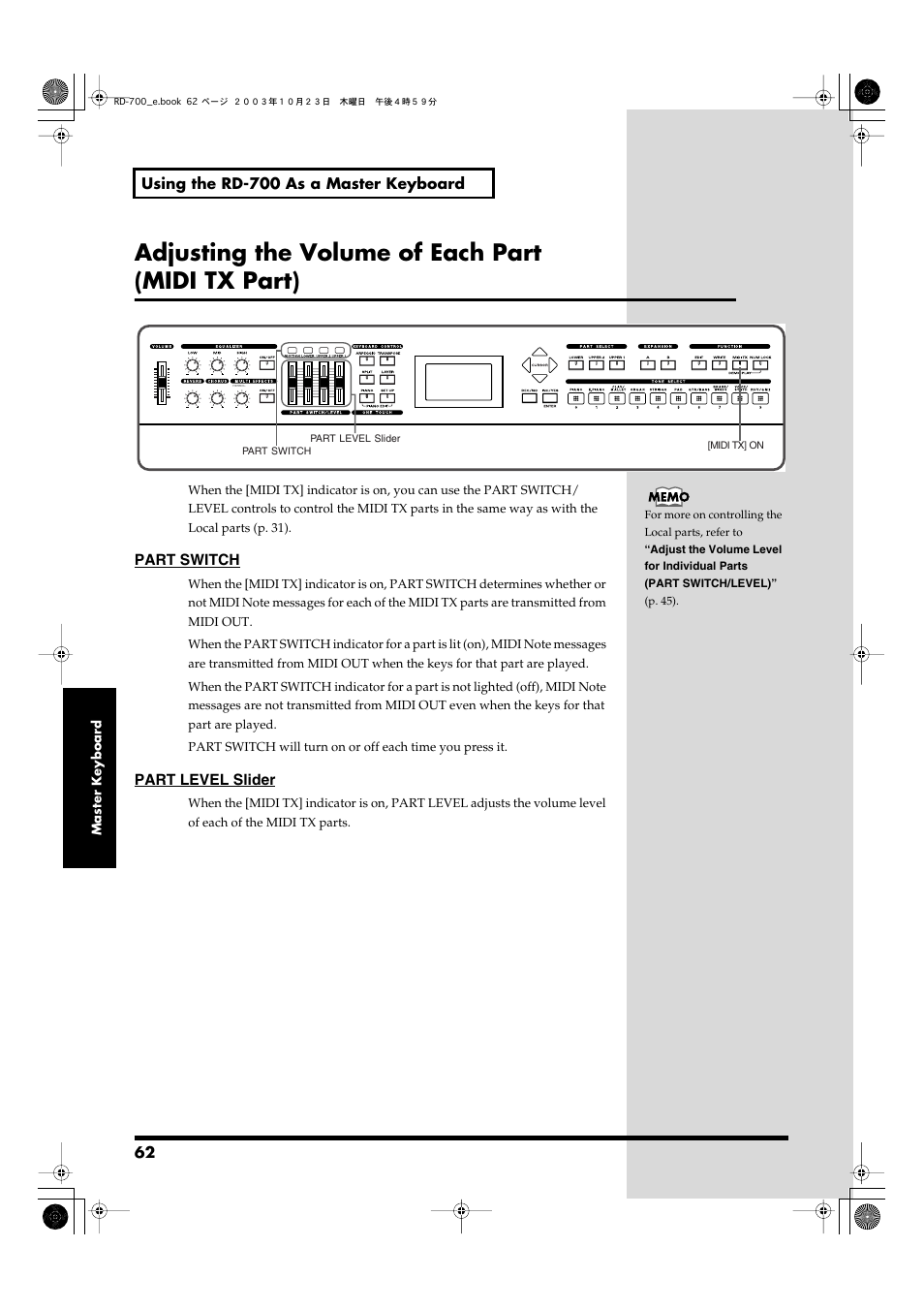 Adjusting the volume of each part (midi tx part), Midi sound generator (p. 62), Adjusting the volume of | Each part (midi tx part), P. 62) | Roland RD-700 User Manual | Page 62 / 172