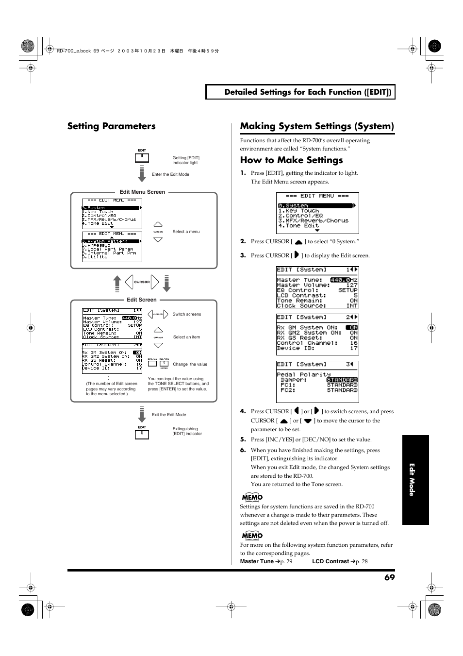 Setting parameters, Making system settings (system), How to make settings | 69 detailed settings for each function ([edit]) | Roland RD-700 User Manual | Page 69 / 172