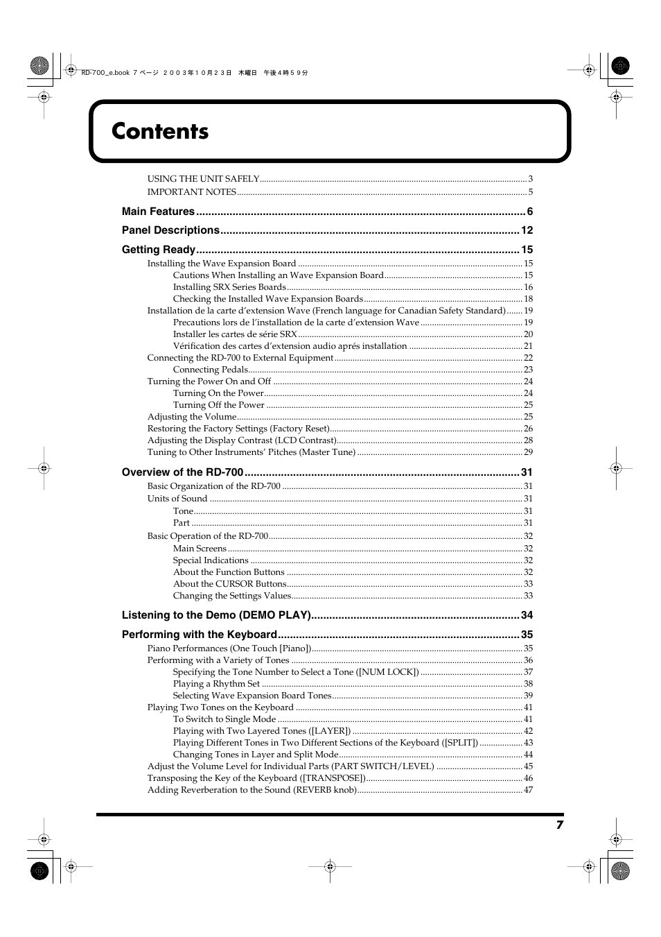 Roland RD-700 User Manual | Page 7 / 172