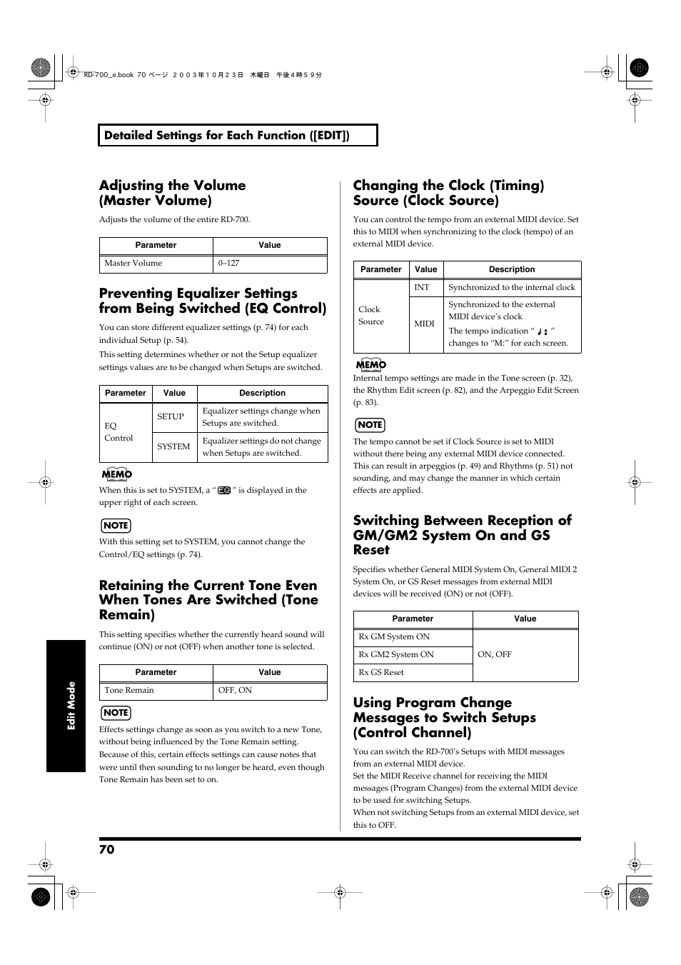 Adjusting the volume (master volume), Changing the clock (timing) source (clock source), With clock source (p. 70) set to midi, the tempo | With eq control (p. 70) set to system, this mark | Roland RD-700 User Manual | Page 70 / 172