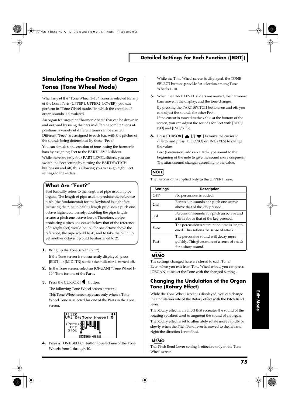 Simulating the creation, Of organ tones (tone, Wheel mode) | P. 75) | Roland RD-700 User Manual | Page 75 / 172