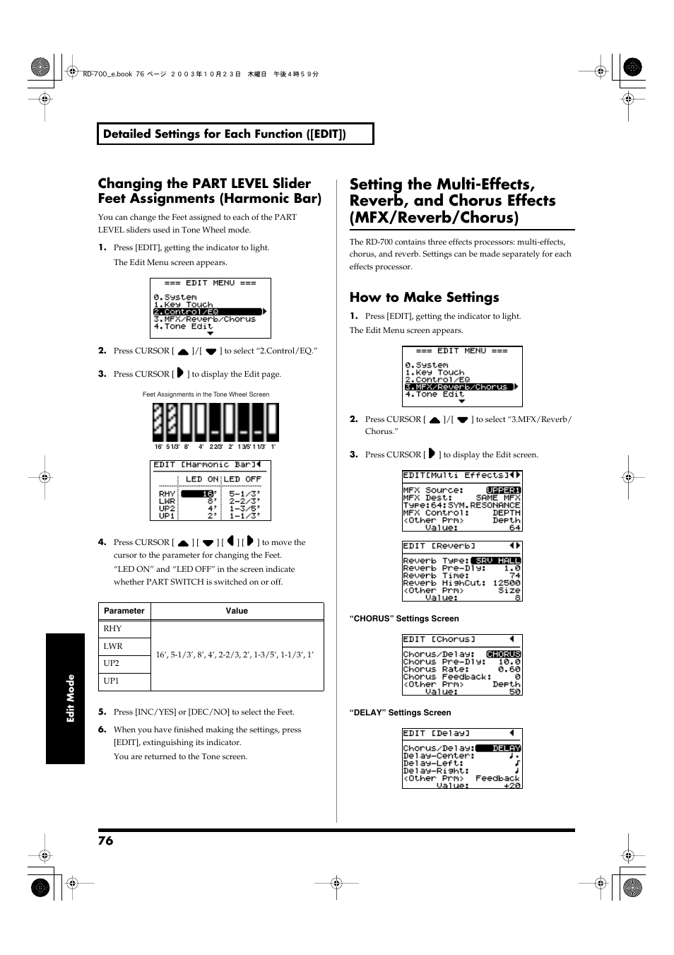 How to make settings, 76 detailed settings for each function ([edit]) | Roland RD-700 User Manual | Page 76 / 172