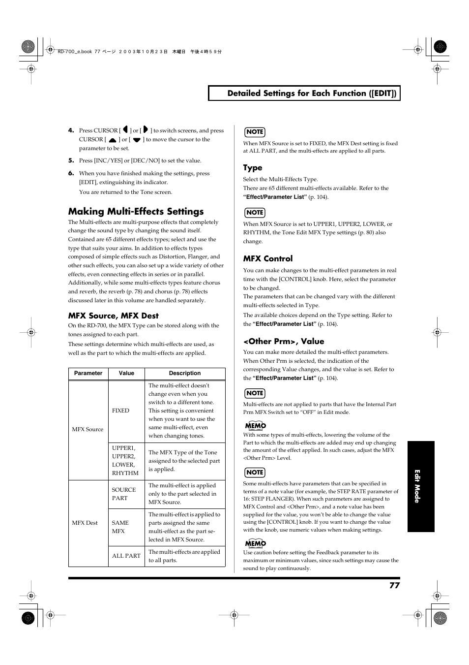 Making multi-effects settings, Details, refer to “mfx control, P. 77) | Making multi-effects settings” (p. 77) | Roland RD-700 User Manual | Page 77 / 172