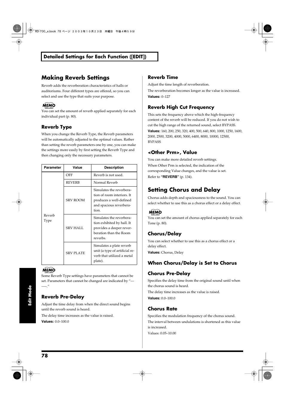 Making reverb settings, Setting chorus and delay, Making reverb settings setting chorus and delay | To “making reverb settings, P. 78), To “setting chorus and delay | Roland RD-700 User Manual | Page 78 / 172