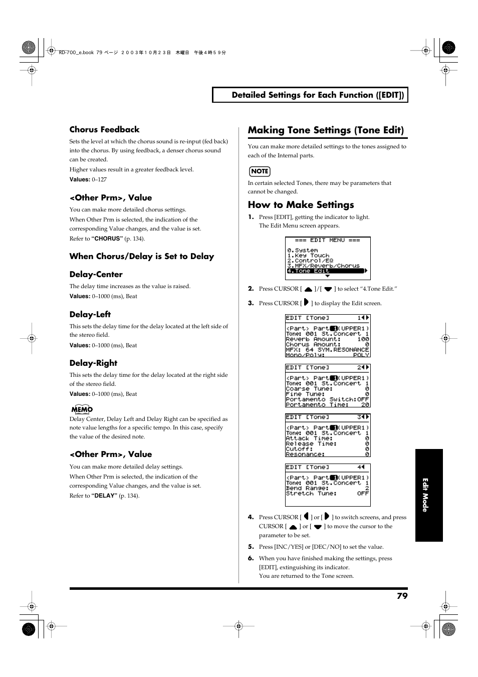 Making tone settings (tone edit), How to make settings, 79 detailed settings for each function ([edit]) | Chorus feedback, Other prm>, value, When chorus/delay is set to delay delay-center, Delay-left, Delay-right | Roland RD-700 User Manual | Page 79 / 172