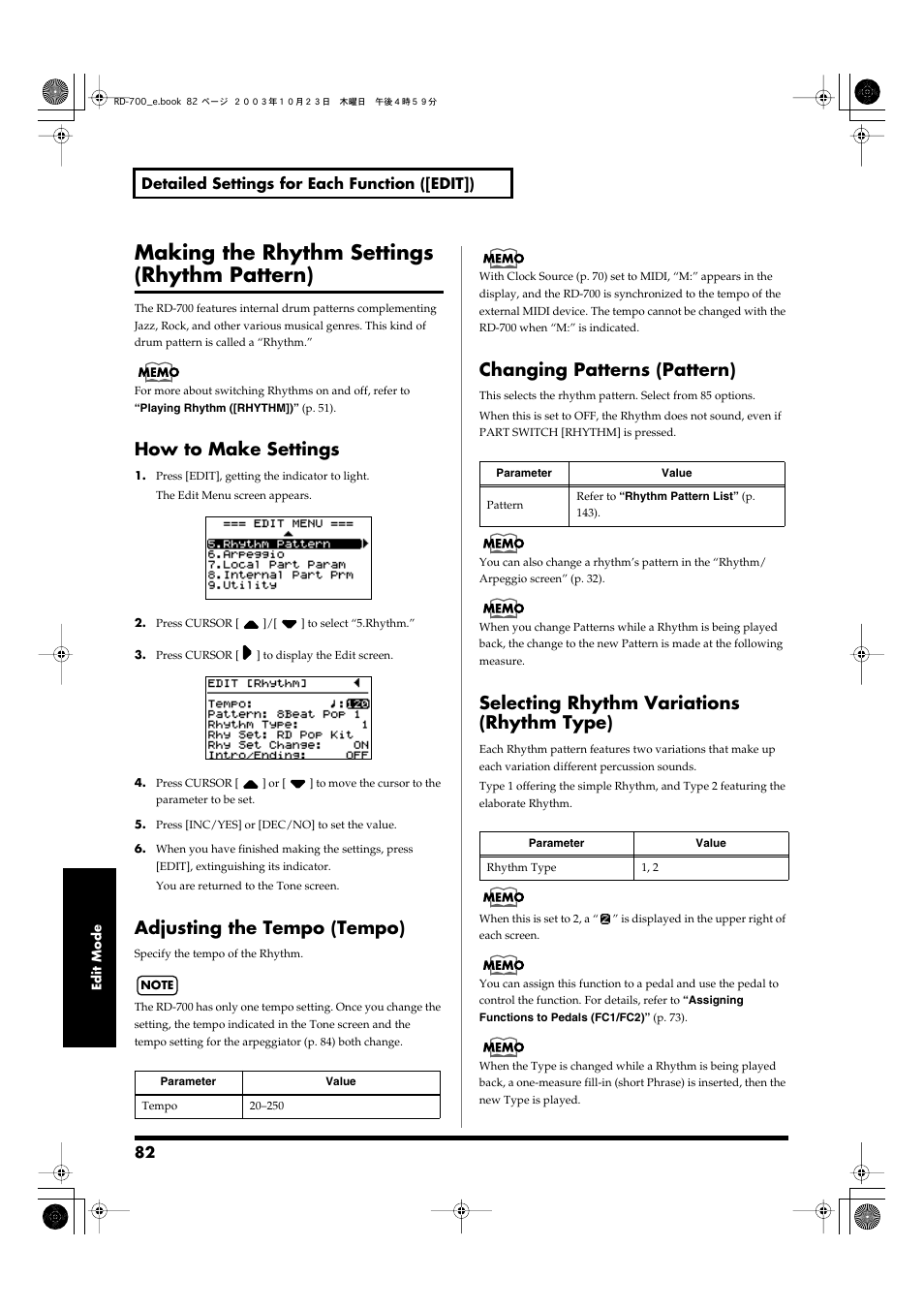 Making the rhythm settings (rhythm pattern), How to make settings, Adjusting the tempo (tempo) | Changing patterns (pattern), Selecting rhythm variations (rhythm type), With rhythm type (p. 82) set to “2,” this mark, P. 82) | Roland RD-700 User Manual | Page 82 / 172