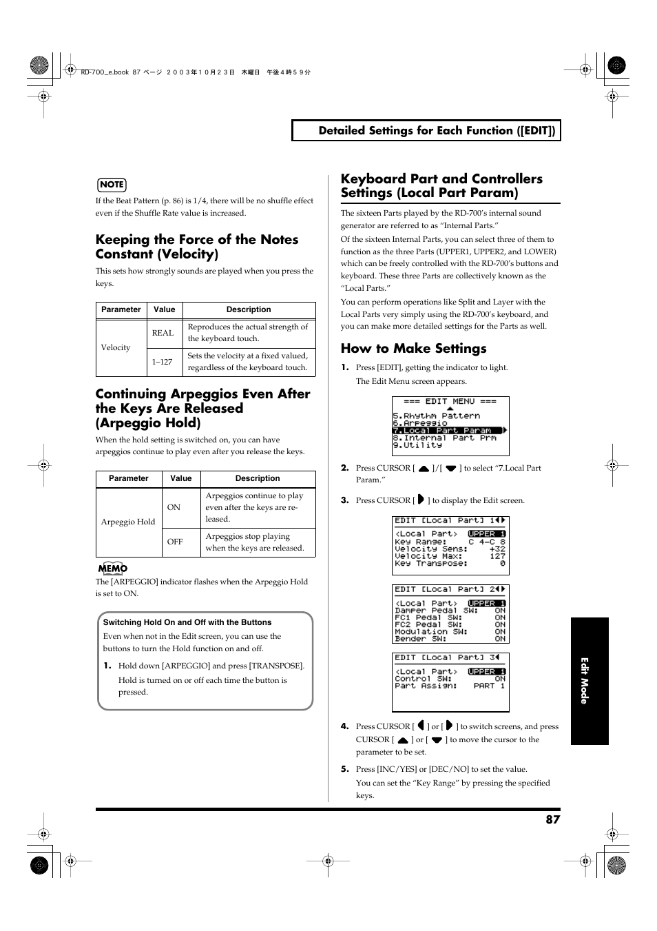 Keeping the force of the notes constant (velocity), How to make settings, In edit mode (p. 87 | In edit mode (p. 87), if an | Roland RD-700 User Manual | Page 87 / 172