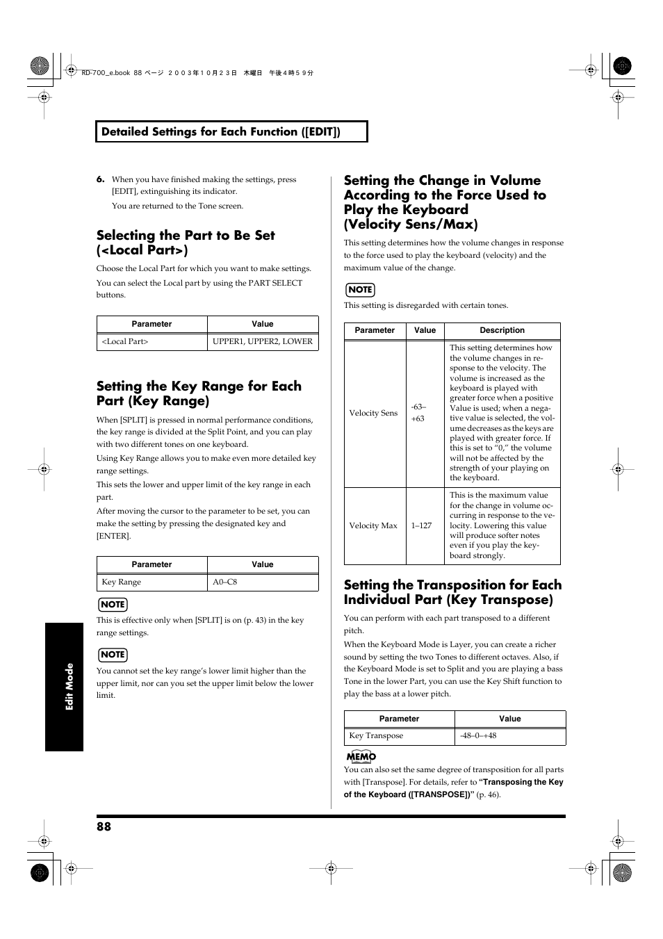 Selecting the part to be set (<local part>), Setting the key range for each part (key range), Setting the key range for each part (key | Range), P. 88), Setting the transposition for each, Individual part (key, Transpose) | Roland RD-700 User Manual | Page 88 / 172