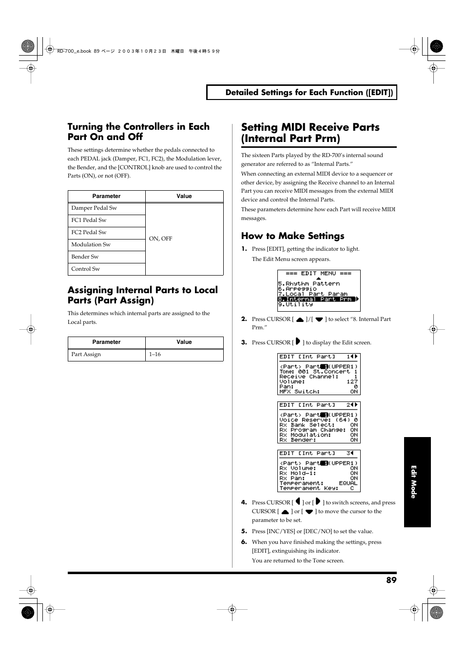 Turning the controllers in each part on and off, Setting midi receive parts (internal part prm), How to make settings | Roland RD-700 User Manual | Page 89 / 172