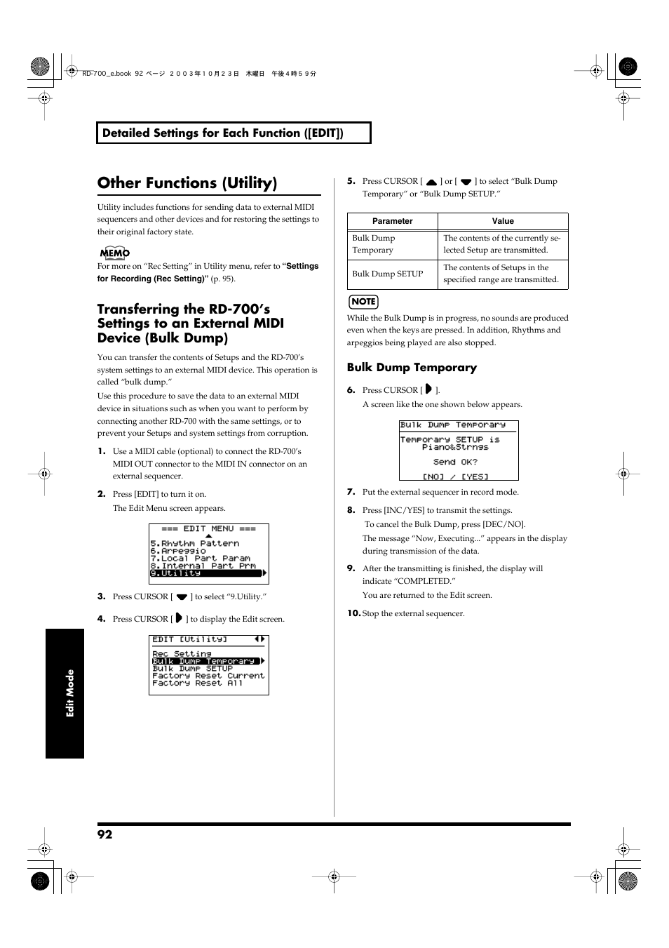 Other functions (utility), P. 92), 92 detailed settings for each function ([edit]) | Bulk dump temporary | Roland RD-700 User Manual | Page 92 / 172