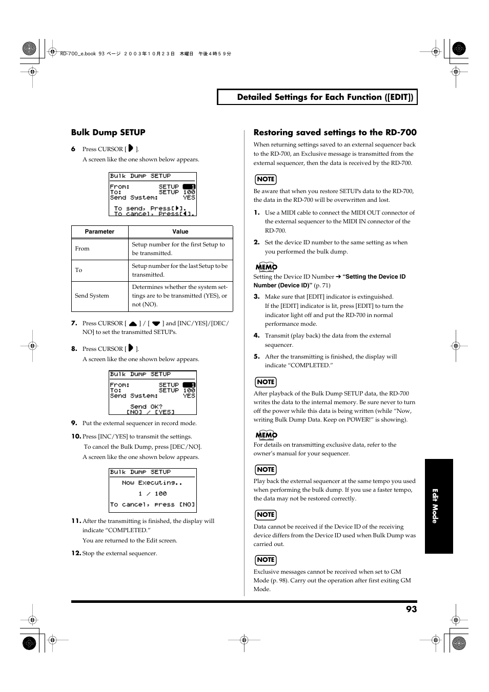 93 detailed settings for each function ([edit]), Bulk dump setup, Restoring saved settings to the rd-700 | Roland RD-700 User Manual | Page 93 / 172