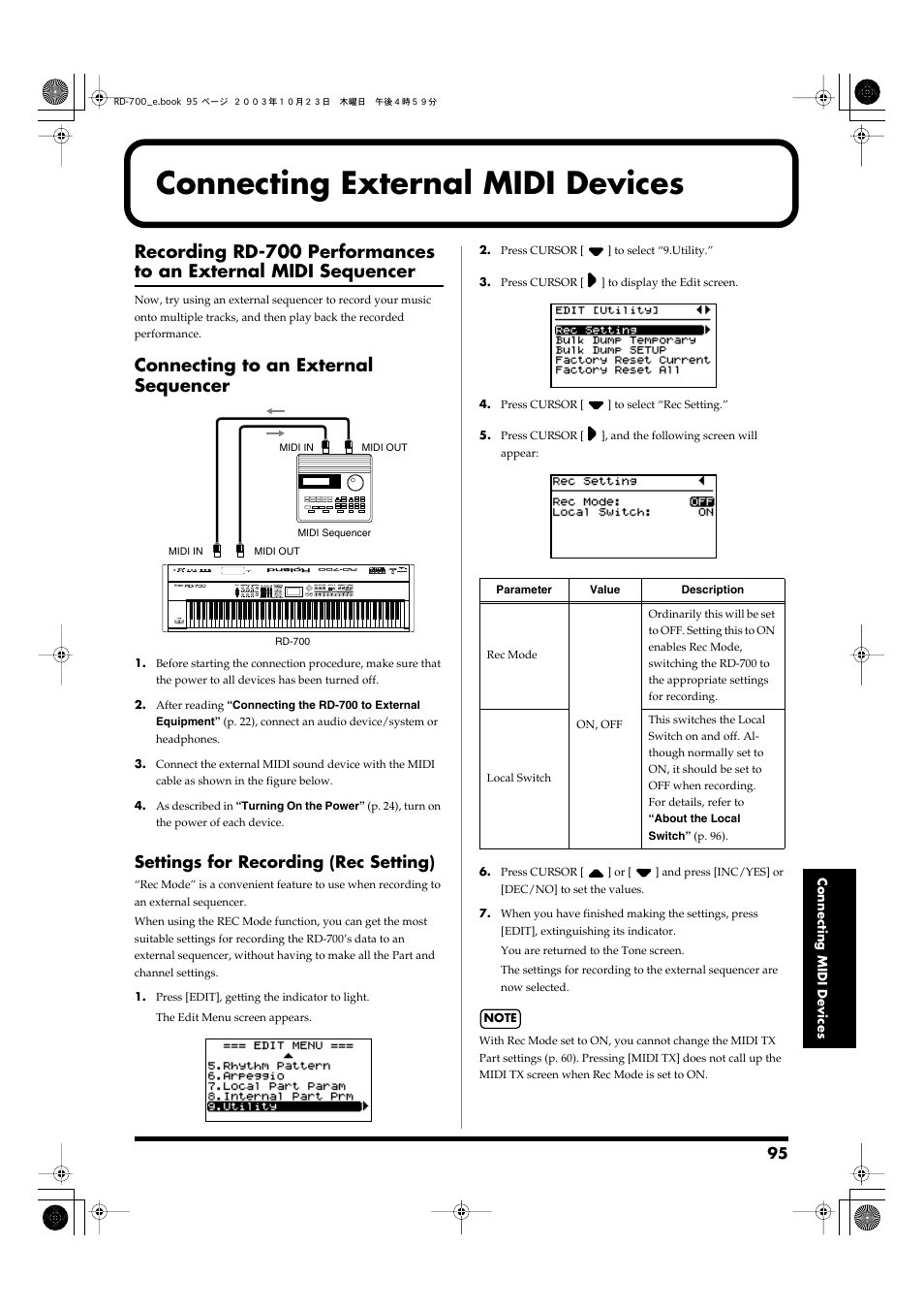 Connecting external midi devices, Connecting to an external sequencer, Settings for recording (rec setting) | Roland RD-700 User Manual | Page 95 / 172