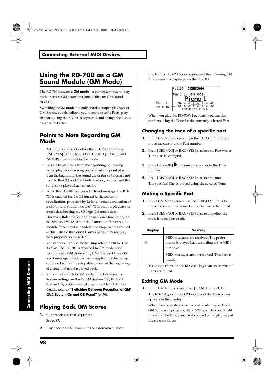 Using the rd-700 as a gm sound module (gm mode), Points to note regarding gm mode, Playing back gm scores | Roland RD-700 User Manual | Page 98 / 172