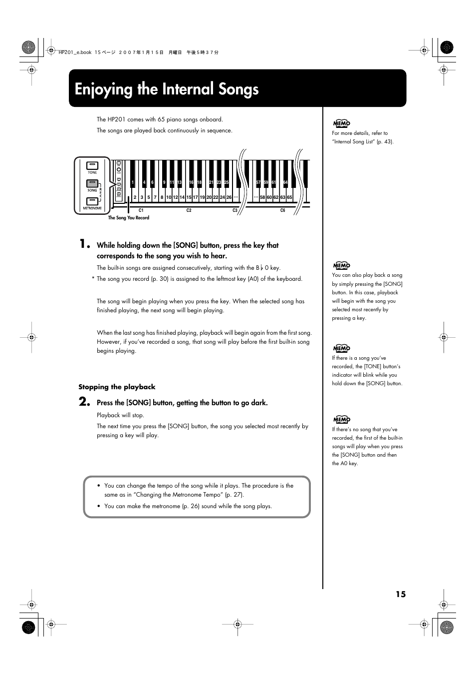 Enjoying the internal songs | Roland HP201 User Manual | Page 15 / 52