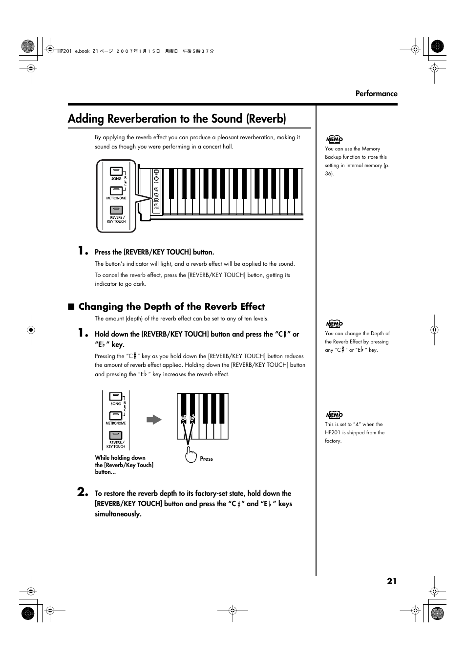 Adding reverberation to the sound (reverb), Changing the depth of the reverb effect, Adds reverberation to the sound (p. 21) | Roland HP201 User Manual | Page 21 / 52