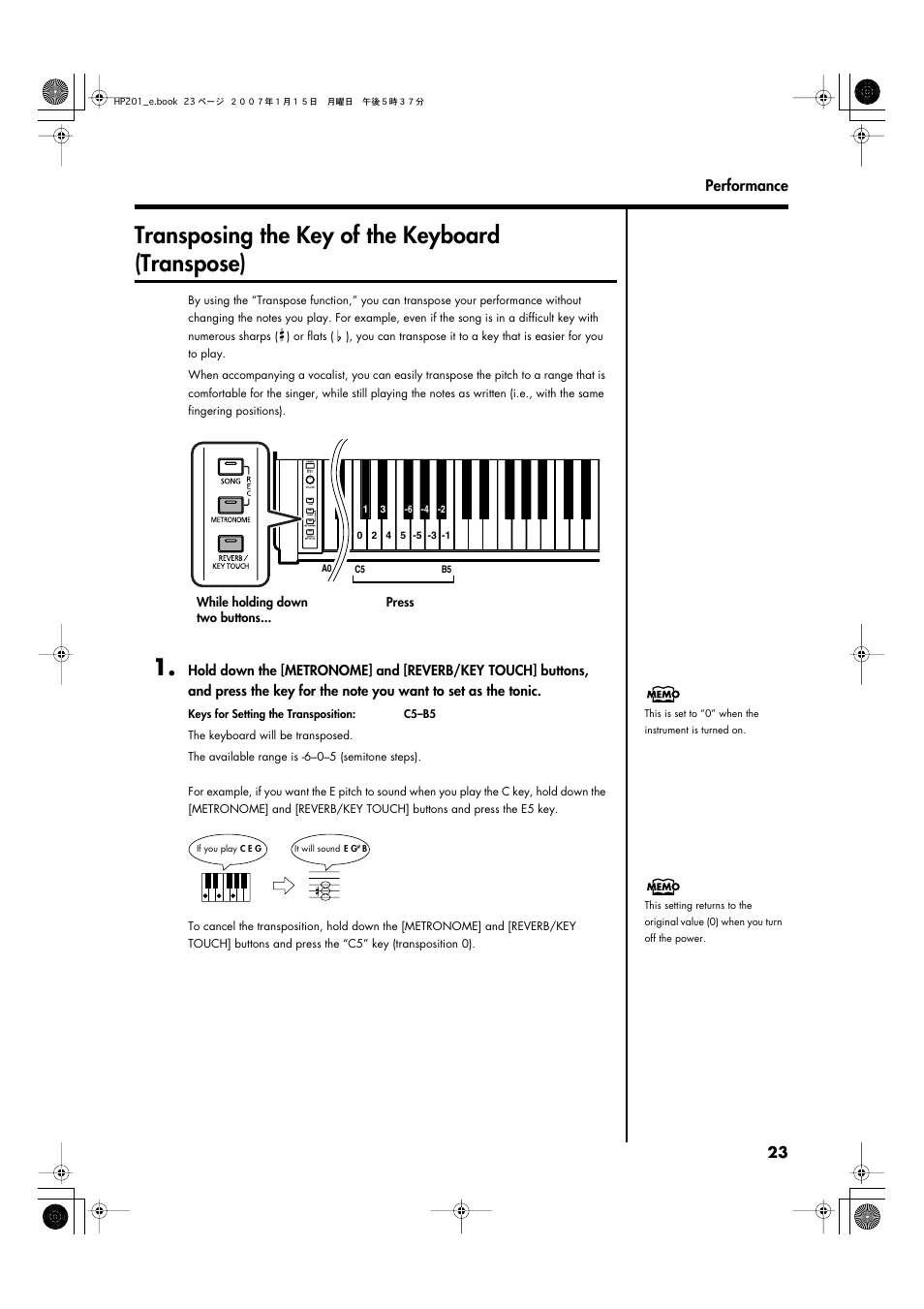 Transposing the key of the keyboard (transpose) | Roland HP201 User Manual | Page 23 / 52