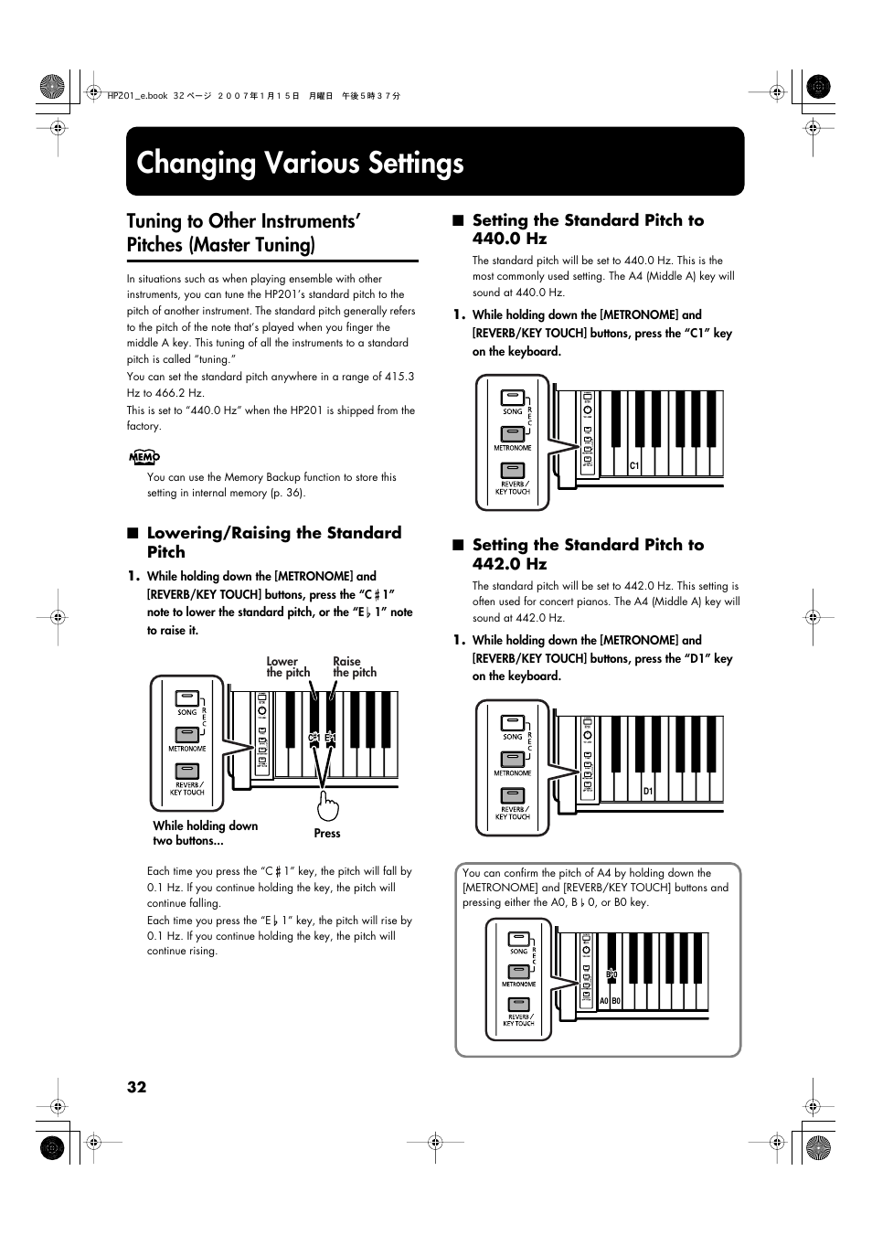 Changing various settings, Lowering/raising the standard pitch, Setting the standard pitch to 440.0 hz | Setting the standard pitch to 442.0 hz | Roland HP201 User Manual | Page 32 / 52