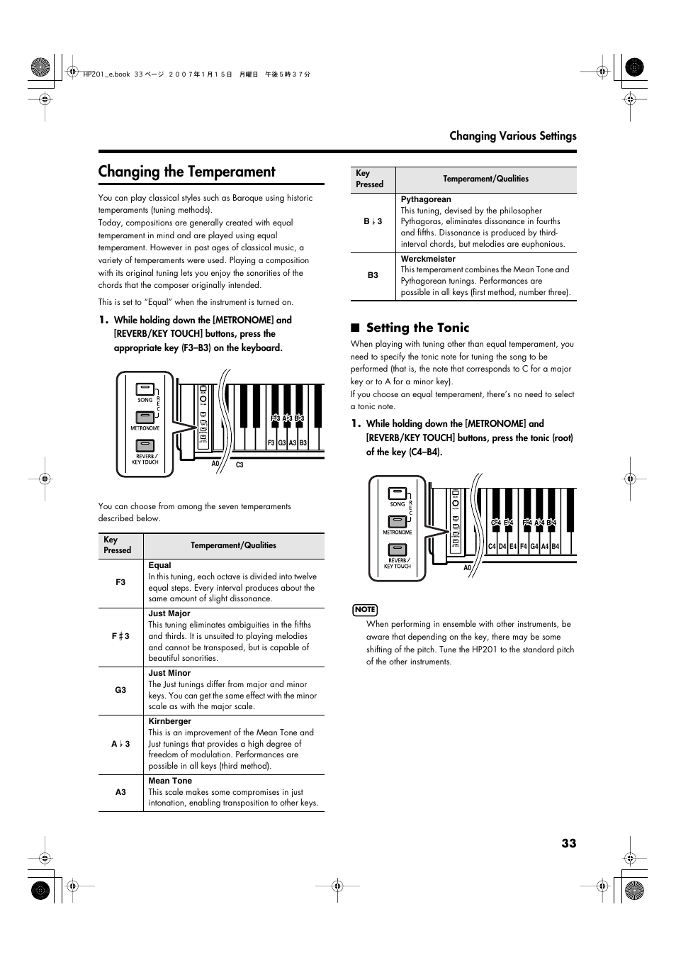Changing the temperament, Setting the tonic | Roland HP201 User Manual | Page 33 / 52
