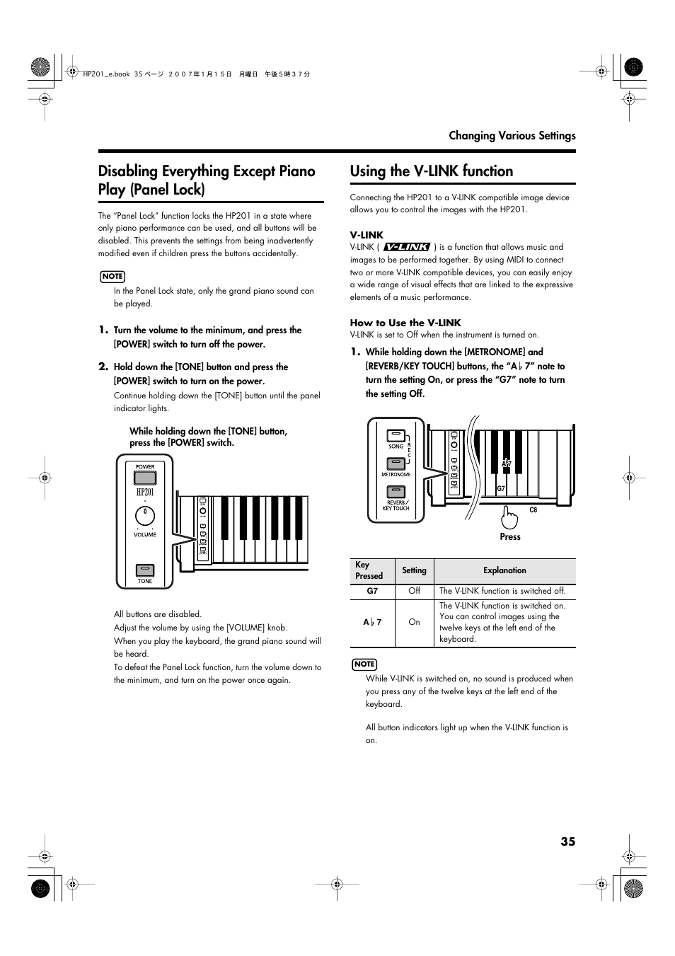 Using the v-link function | Roland HP201 User Manual | Page 35 / 52