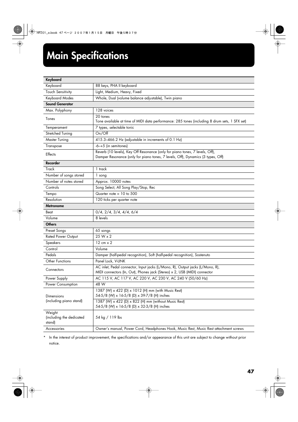 Main specifications | Roland HP201 User Manual | Page 47 / 52