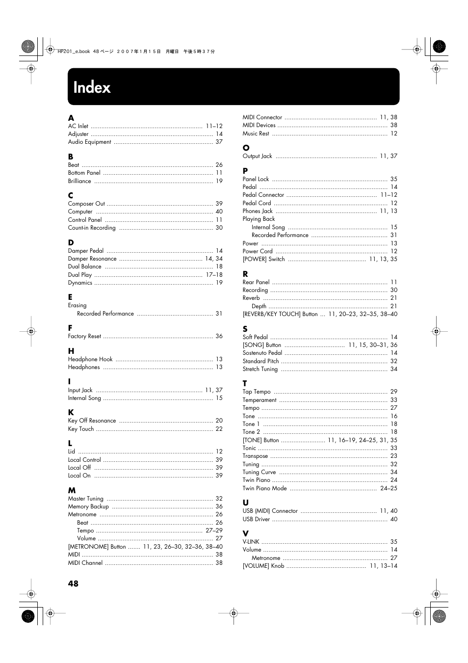 Index | Roland HP201 User Manual | Page 48 / 52