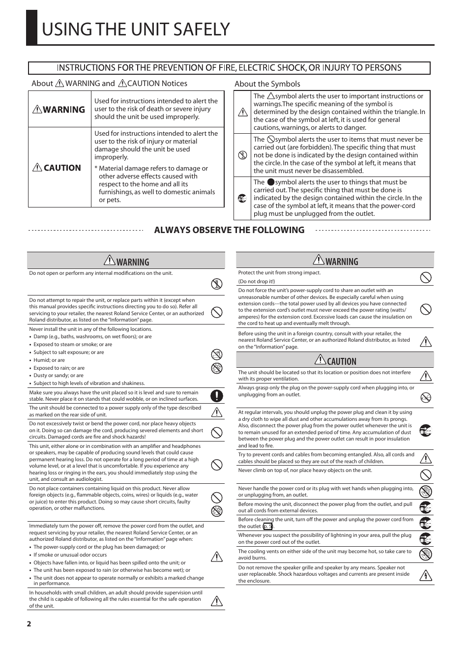 Using the unit safely, Warning, Caution | Always observe the following | Roland CUBE 15XL User Manual | Page 4 / 12