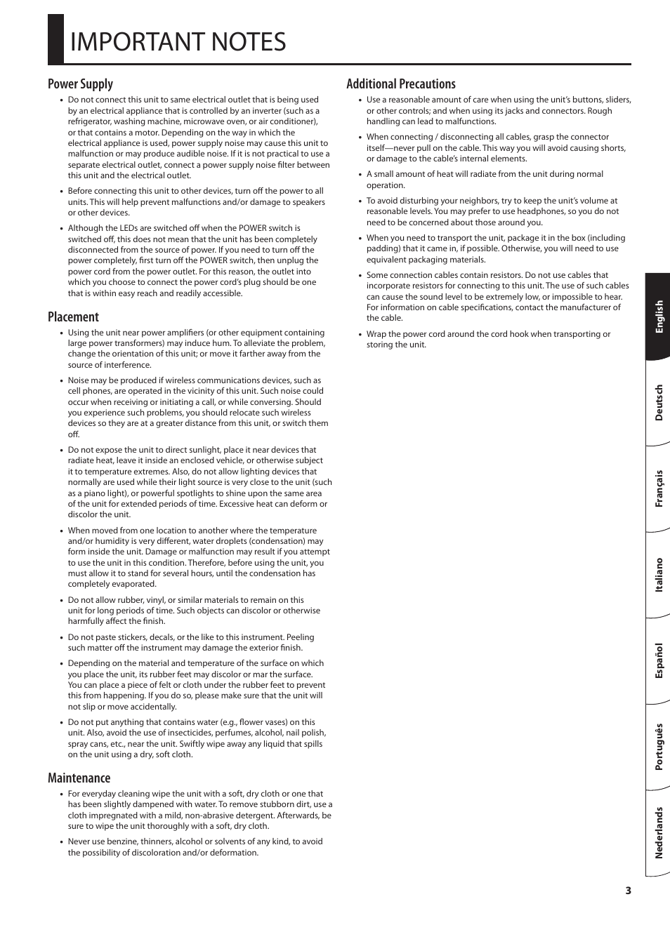 Power supply, Placement, Maintenance | Additional precautions | Roland CUBE 15XL User Manual | Page 5 / 12