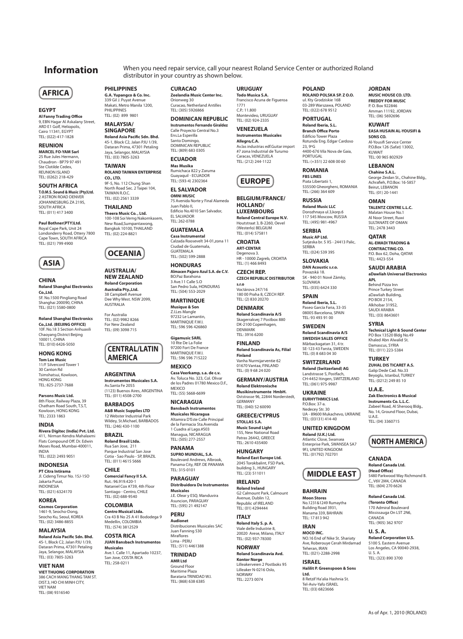Information, Africa, Asia | Oceania, Central/latin america, Europe, Middle east, North america | Roland CUBE 15XL User Manual | Page 9 / 12