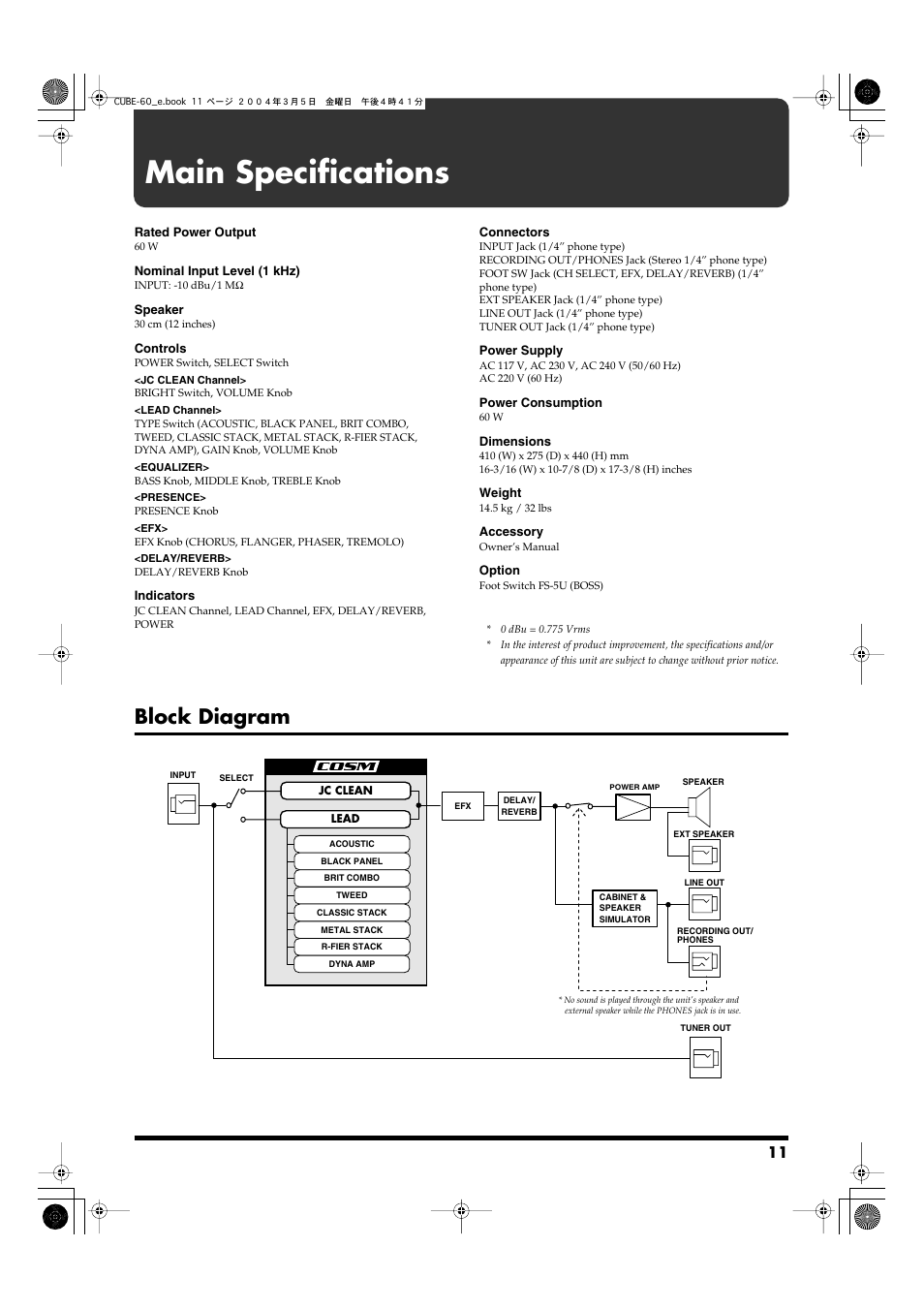 Main specifications, Block diagram | Roland Super CUBE-60 User Manual | Page 11 / 12