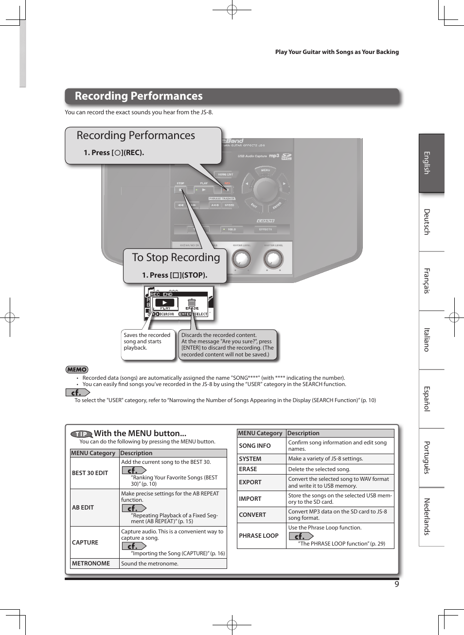 Recording performances, With the menu button | Roland eBand JS-8 User Manual | Page 11 / 47