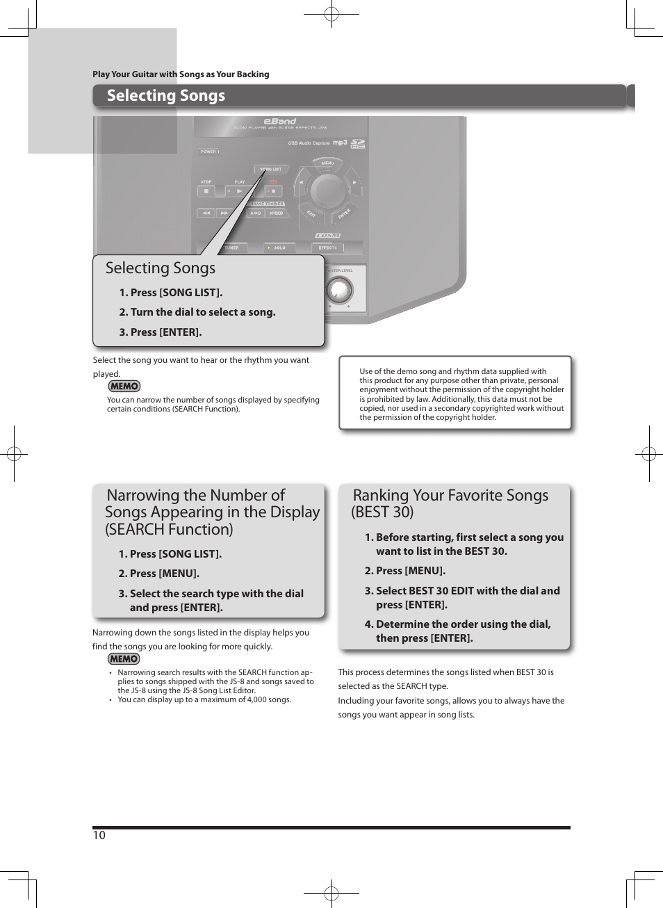 Ranking your favorite songs ( best 30), Selecting songs | Roland eBand JS-8 User Manual | Page 12 / 47