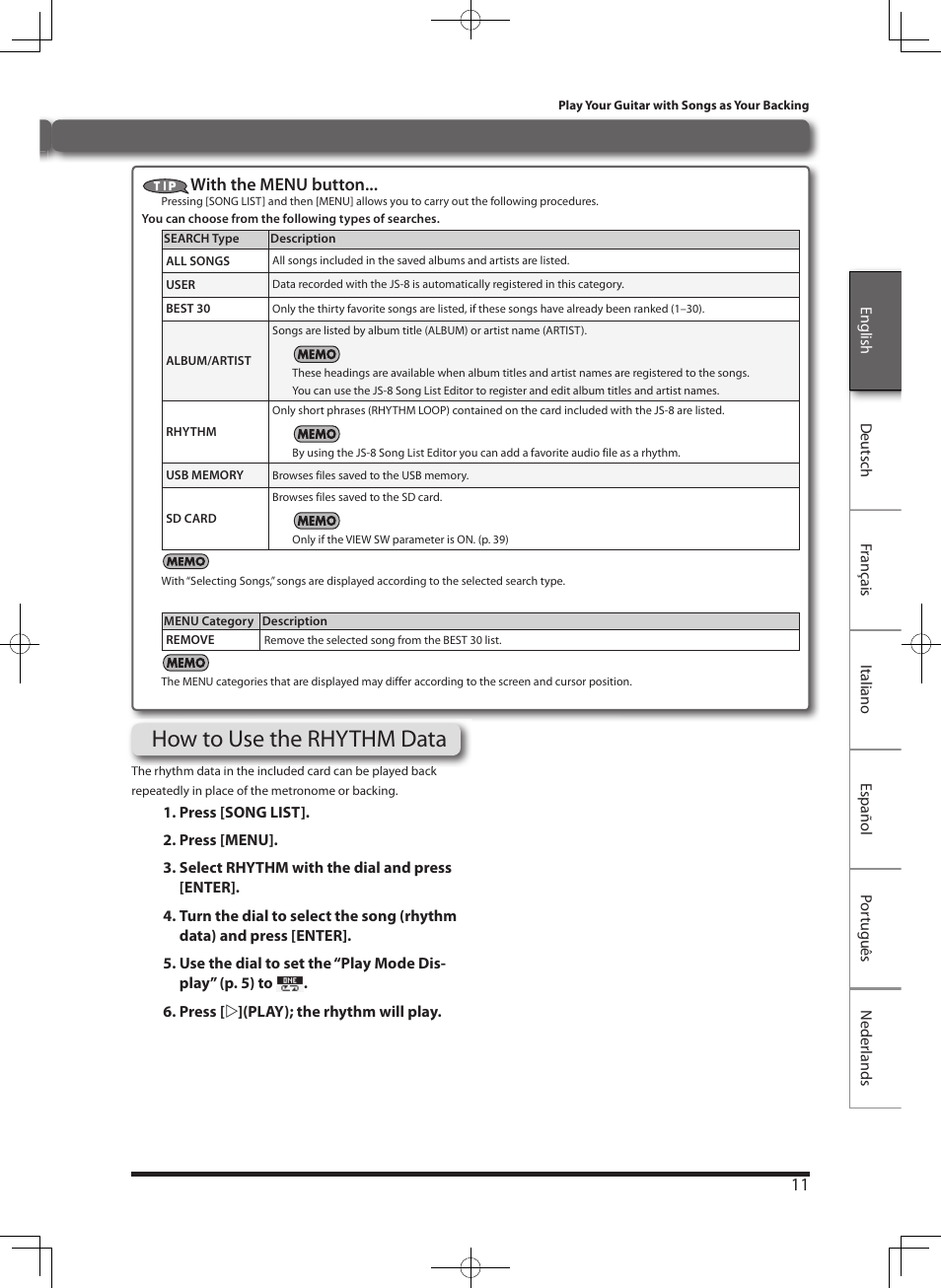 Selecting songs how to use the rhythm data | Roland eBand JS-8 User Manual | Page 13 / 47