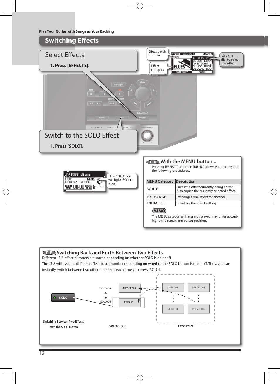 Switching eff ects, Switch to the solo eff ect, Select eff ects | Switching back and forth between two eff ects, With the menu button | Roland eBand JS-8 User Manual | Page 14 / 47
