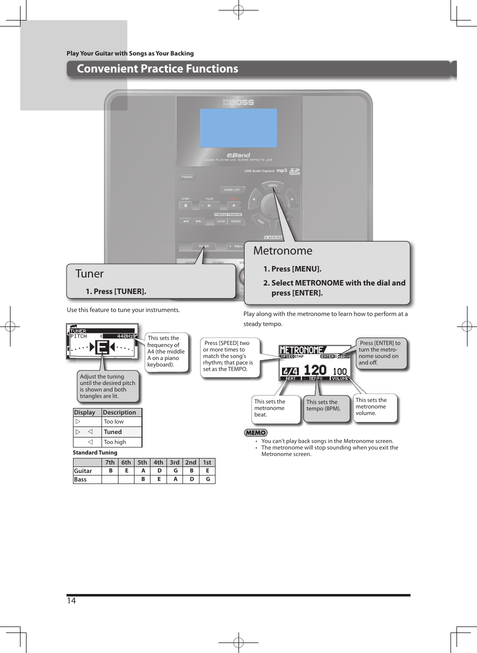 Convenient practice functions, Tuner, Metronome | Roland eBand JS-8 User Manual | Page 16 / 47