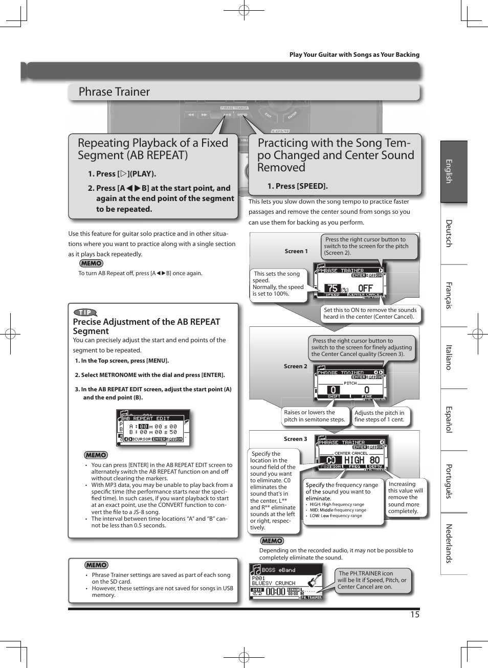 Convenient practice functions, Repeating playback of a fixed segment ( ab repeat), Precise adjustment of the ab repeat segment | Roland eBand JS-8 User Manual | Page 17 / 47