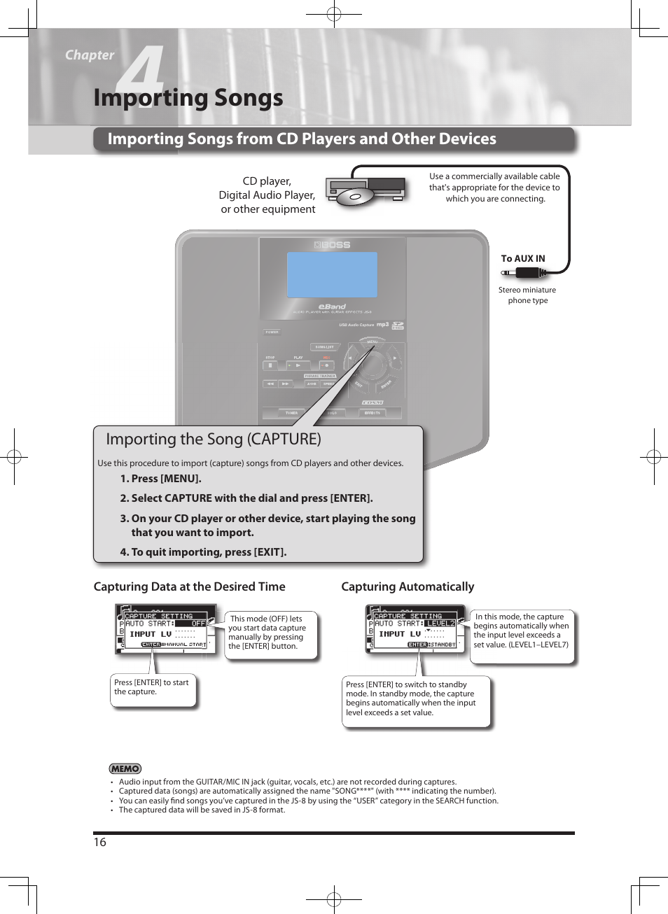 Importing songs, Importing the song ( capture), Importing songs from cd players and other devices | Roland eBand JS-8 User Manual | Page 18 / 47