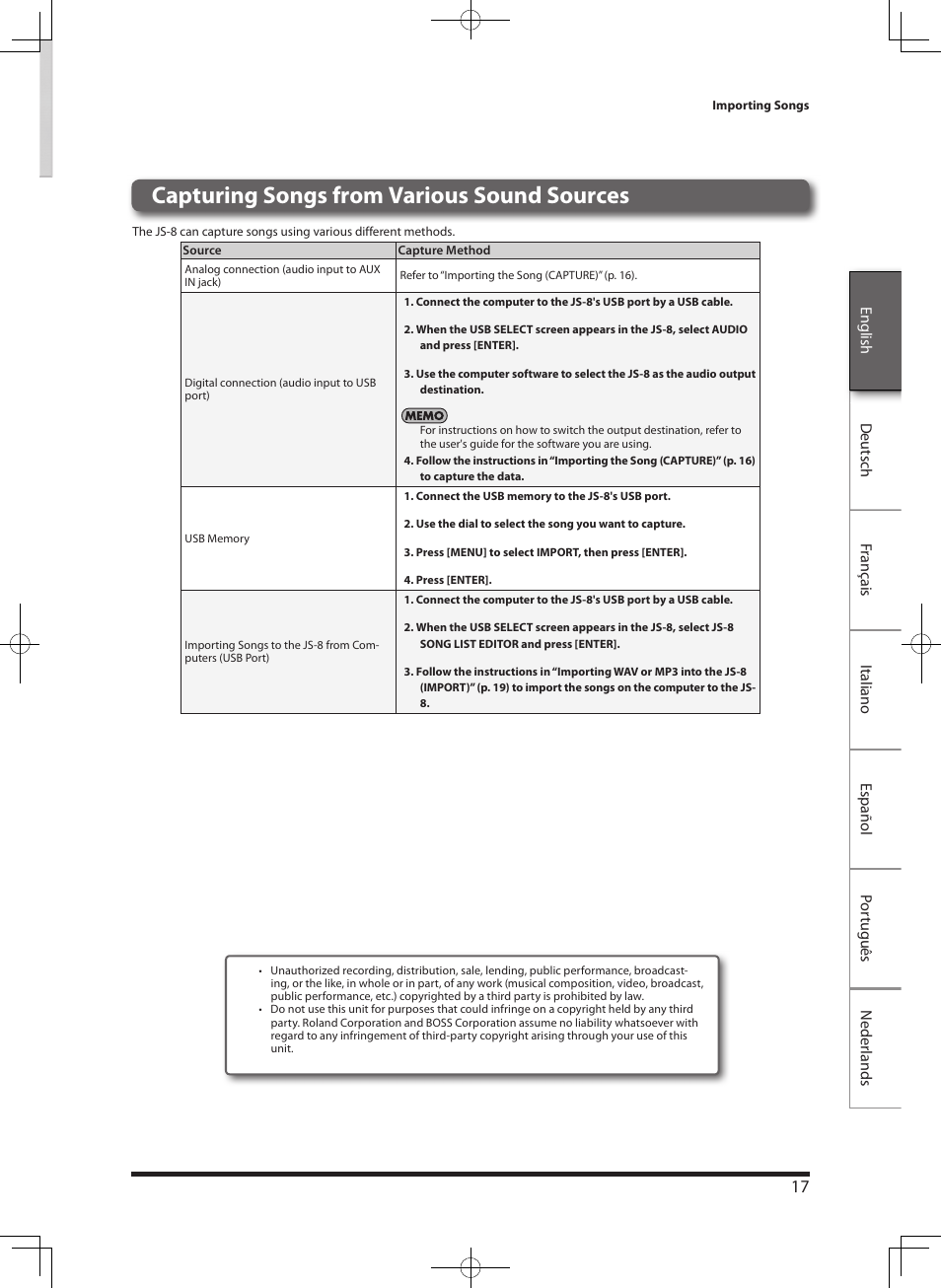 Capturing songs from various sound sources | Roland eBand JS-8 User Manual | Page 19 / 47