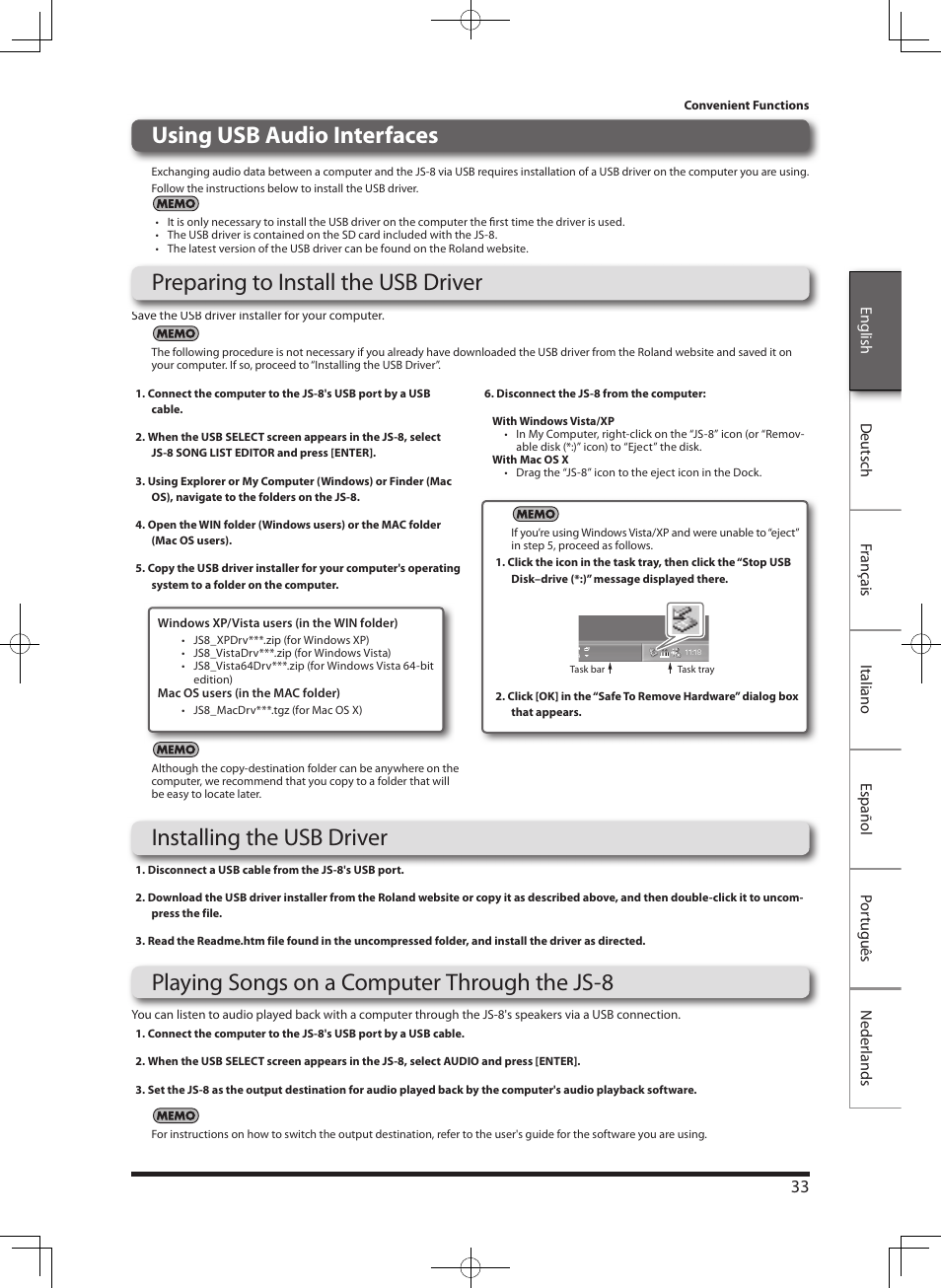 Using usb audio interfaces, Playing songs on a computer through the js-8 | Roland eBand JS-8 User Manual | Page 35 / 47