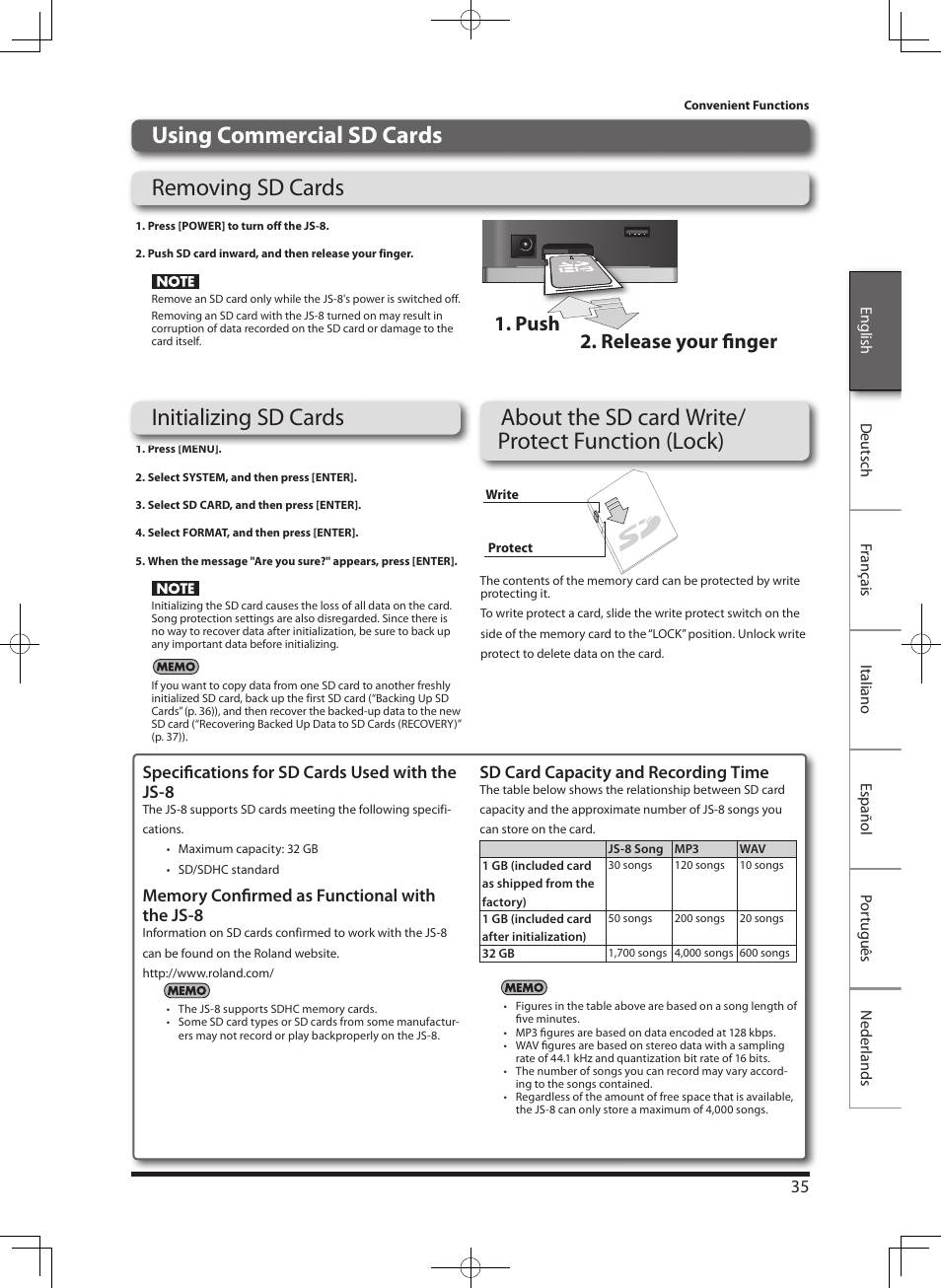 Removing sd cards, Push 2. release your finger, Specifi cations for sd cards used with the js-8 | Sd card capacity and recording time | Roland eBand JS-8 User Manual | Page 37 / 47
