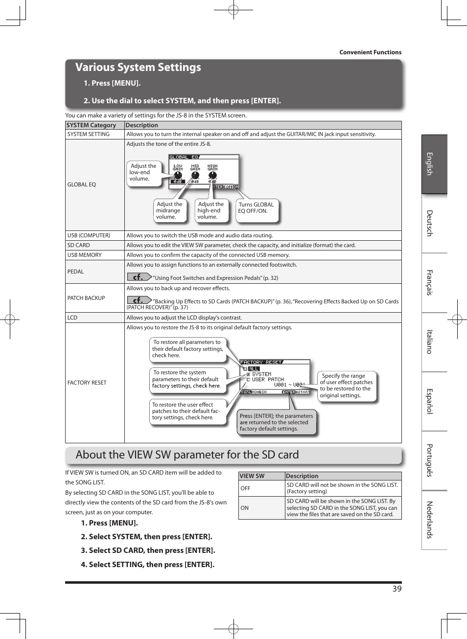 Various system settings, About the view sw parameter for the sd card | Roland eBand JS-8 User Manual | Page 41 / 47